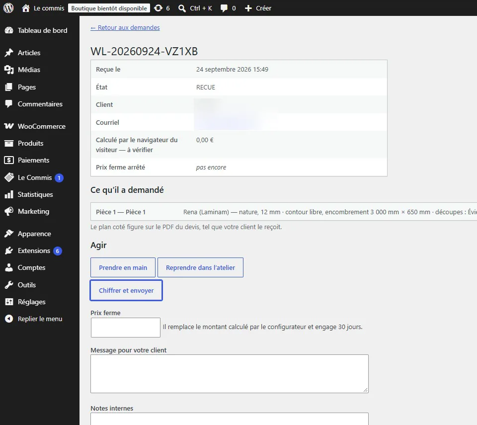 Fiche d’une demande, formulaire de chiffrage ouvert.