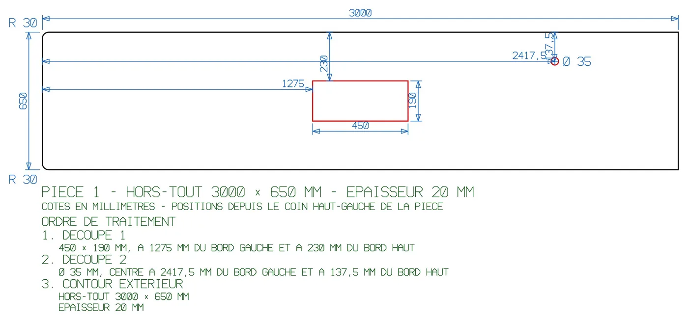 Sortie SVG du module : contour, découpes, cotes, fiche et ordre de traitement.